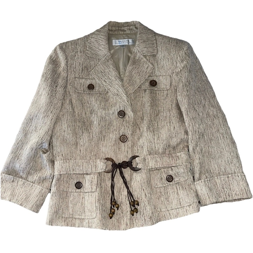 Tahari Arthur S Levine Size 6 Beige Tan Textured Belted Button Front Blazer EUC - Picture 1 of 12